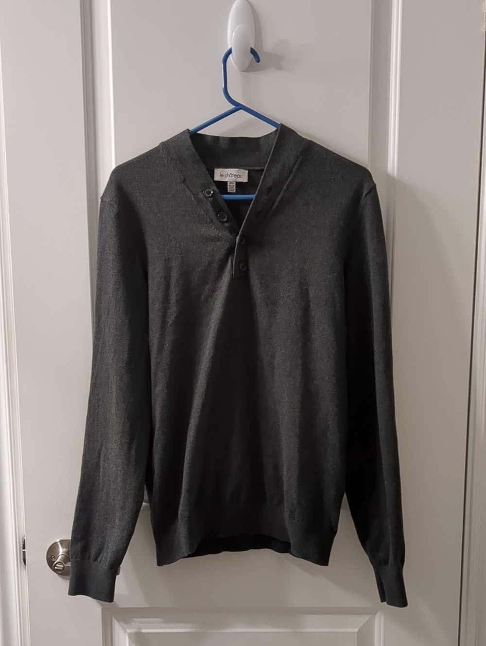 le chateau Men's Charcoal V-Neck Henley Sweater